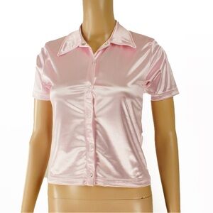 Vintage 90s 00s Y2K Baby Pink Metallic Satin Short Button Up Blouse Top